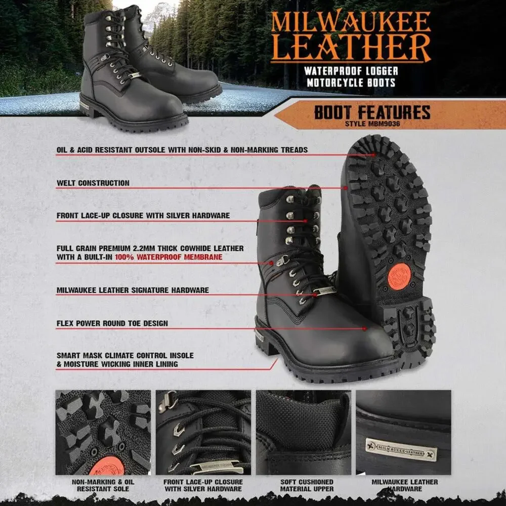 NWT Milwaukee Leather Black Wide Width 7-inch Lace to Toe Full-Waterproof boots